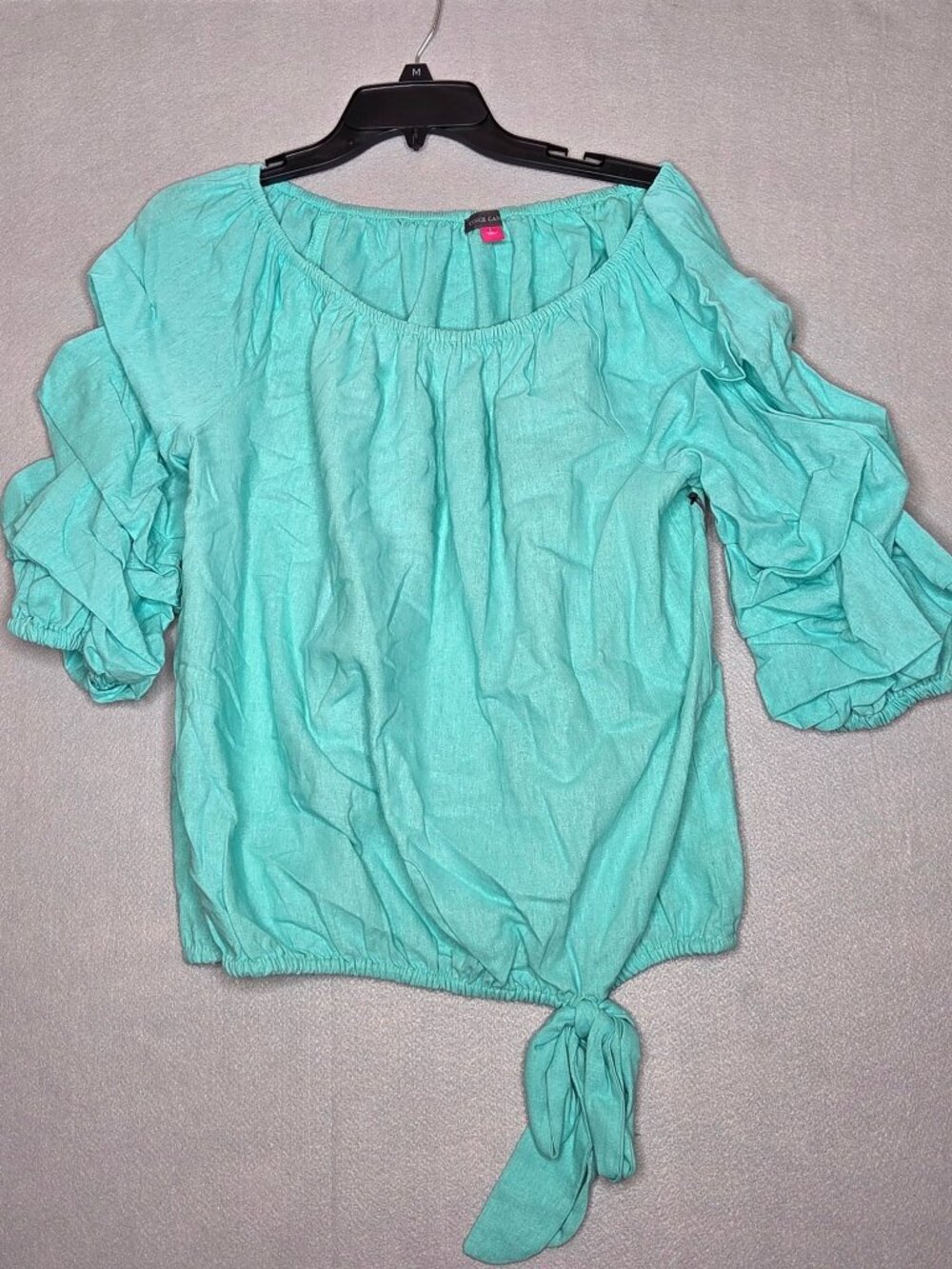 Vince Camuto Linen-Blend Off the Shoulder Bubble Sleeve Tie Front Blouse - Ocean